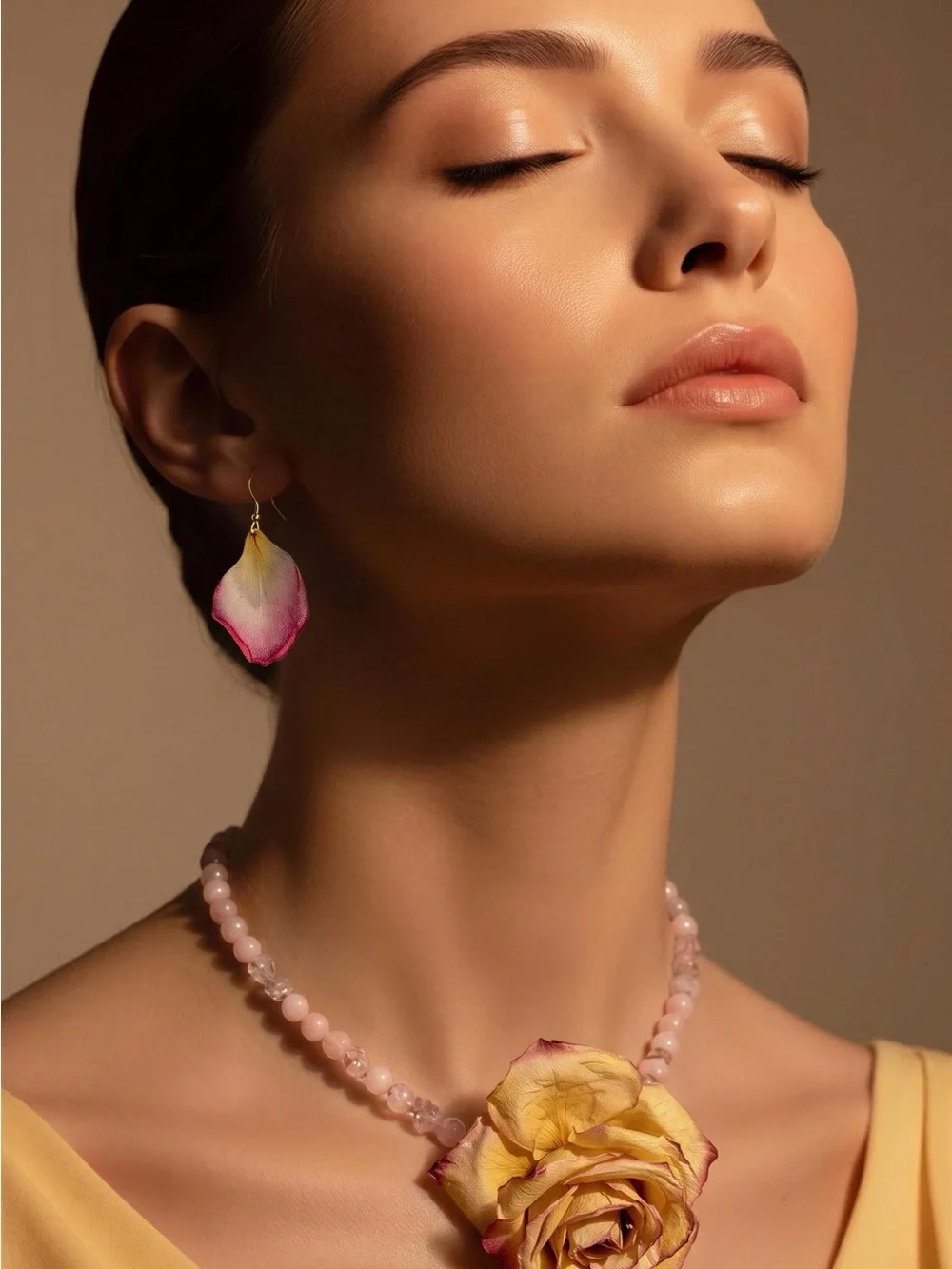 Handcrafted Pink and Yellow Rose Statement Necklace and Earring Set